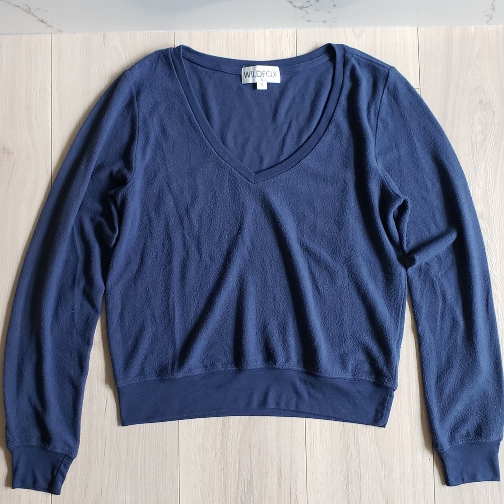 Wildfox Sweatshirt Womens XS Navy Blue Baggy Beach Jumper Deep V-Neck Oversized